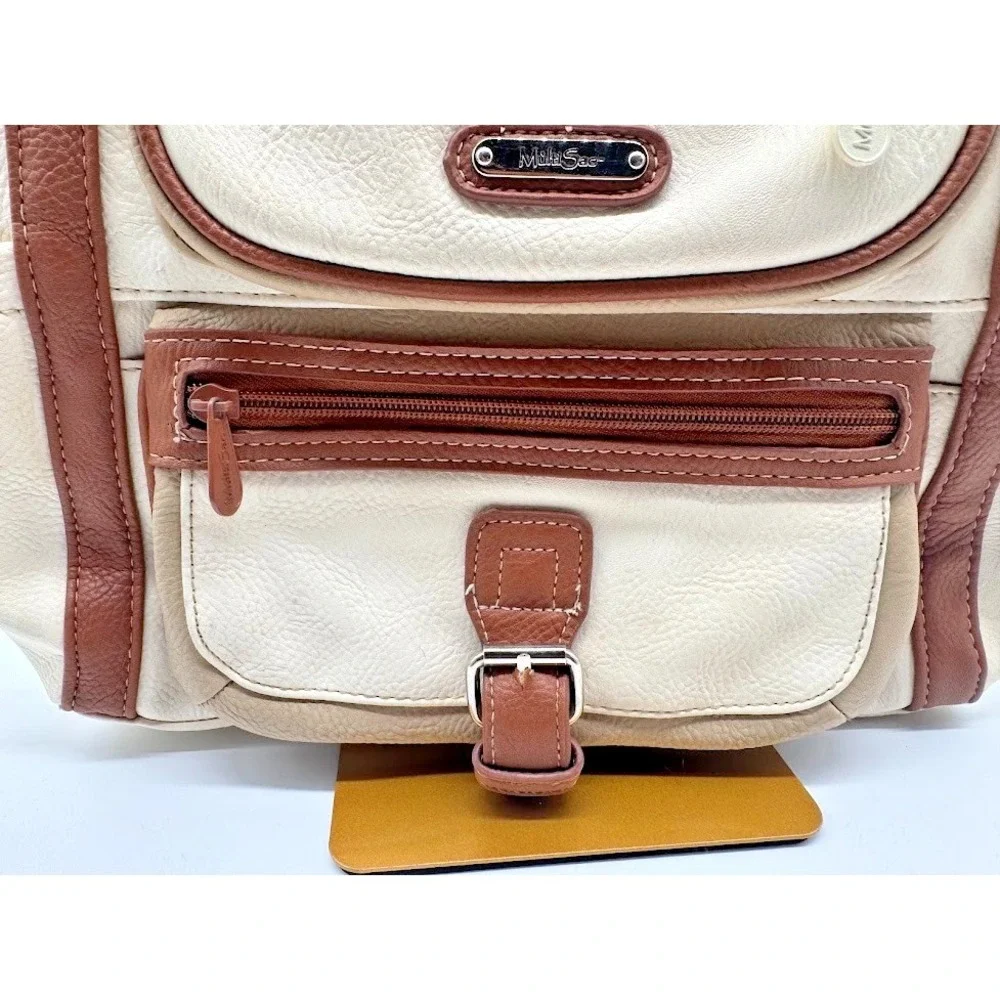 MultiSac Women Shoulder Bag Beige Brown Faux Leather Large Tote Zip Pockets